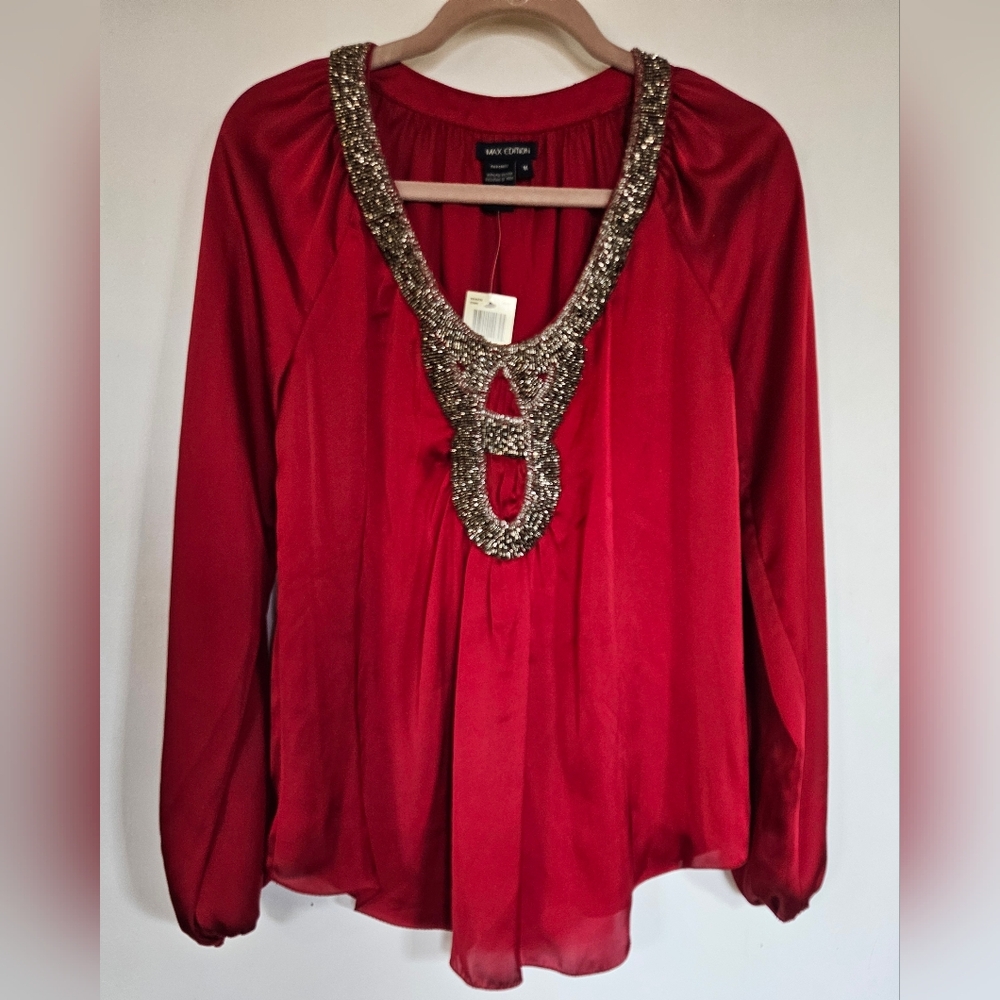 NWT Max Edition Red Top Blousr with Silver Beaded Neckline Long Sleeves.